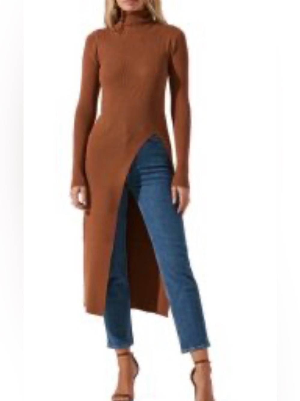 ASTR The Label XL Camel Ribbed Turtleneck High Slit Longline Sweater NWT